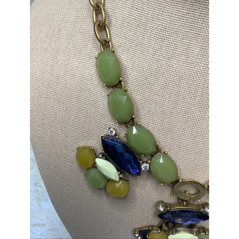 J Crew Gold Tone Green Jade Blue Crystal Statement Bib Necklace Boho Y2K F10-11